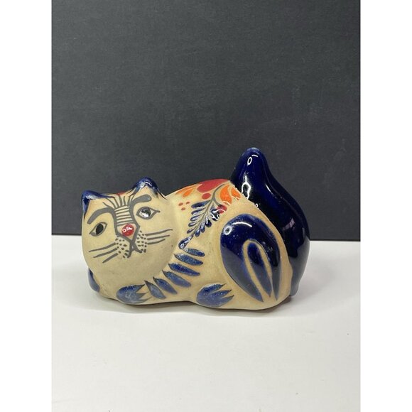 Mexican Tonala Cat Figurine Flower Folk Art Pottery Hand Painted Cancun 4” - Picture 1 of 11